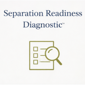 Minimal line icon of a checklist and magnifying glass representing the Separation Readiness Diagnostic™