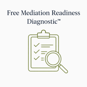 Free Mediation Readiness Diagnostic icon with checklist and magnifying glass