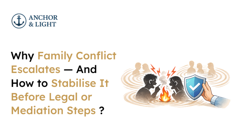 Text about managing escalating family conflict before legal action, with illustration of two arguing figures by a fire and a hand holding a shield.
