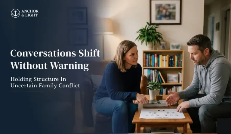 Two people having a serious conversation in a cozy living room with a family tree chart on the table.