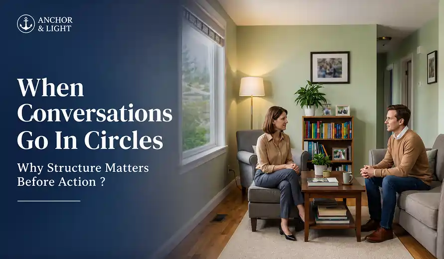 Two people sitting in a living room having a serious conversation, with text about the importance of structure before action.