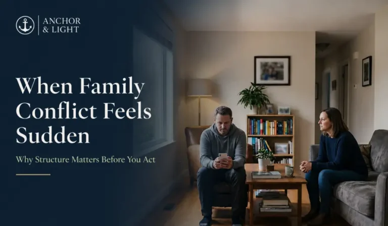 Two people sit apart in a living room, appearing tense, with a text overlay about handling sudden family conflict.