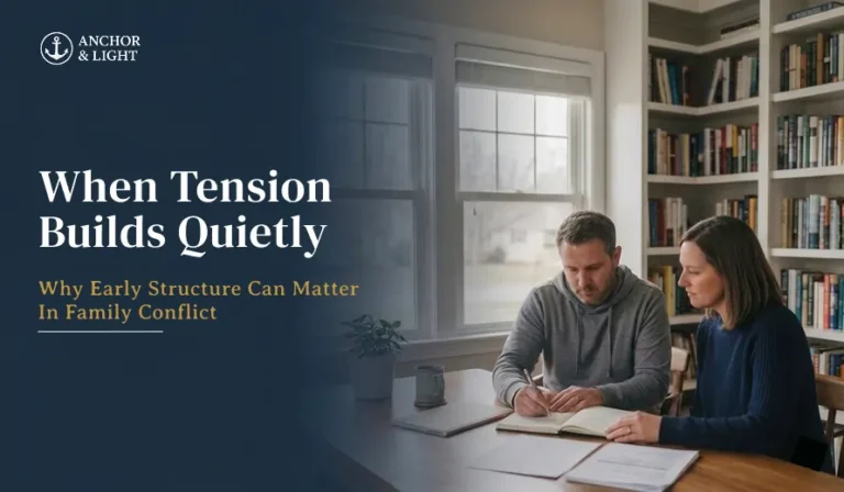 Two people review documents at a table in a cozy room with bookshelves, next to text about managing early family conflict tension.