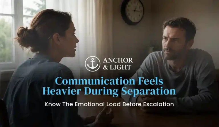 Two people engage in a serious conversation at a table with a clock on the wall, overlaid with text about communication during separation.