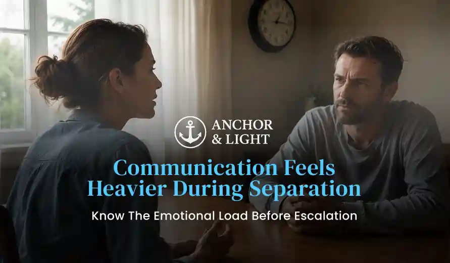 Two people engage in a serious conversation at a table with a clock on the wall, overlaid with text about communication during separation.