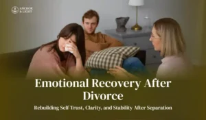 A woman wiping tears while a man watches, both in therapy session with a counselor, discussing emotional recovery after divorce.