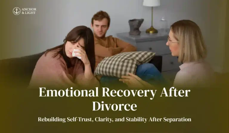 A woman wiping tears while a man watches, both in therapy session with a counselor, discussing emotional recovery after divorce.