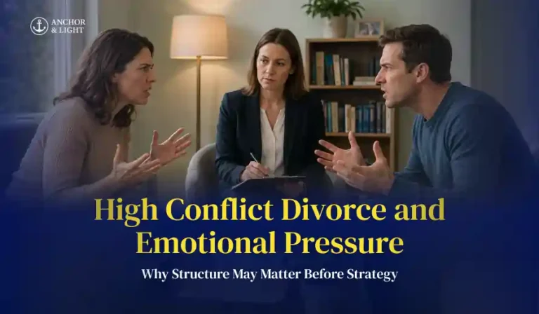 Couple arguing intensely in therapy session with a counselor, discussing high conflict divorce and emotional pressure issues.