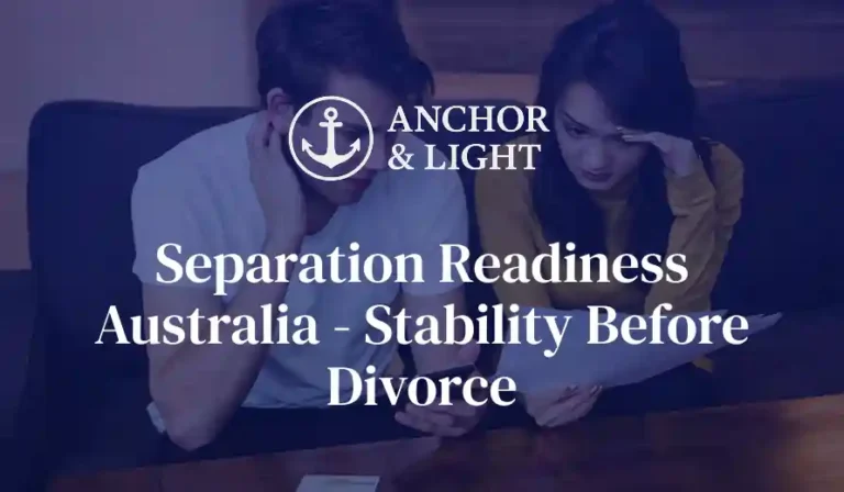 Couple looks concerned reviewing documents with Overlay text: Anchor & Light, Separation Readiness Australia - Stability Before Divorce.