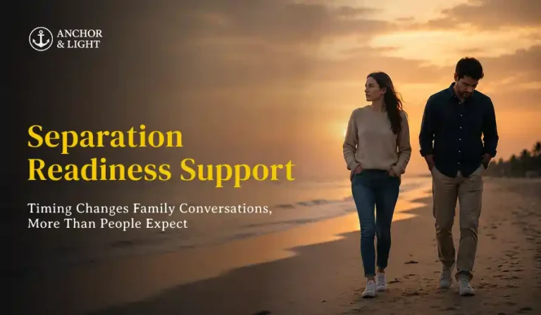 Couple walking on a beach at sunset, looking thoughtful, with text about separation readiness support and family conversations.