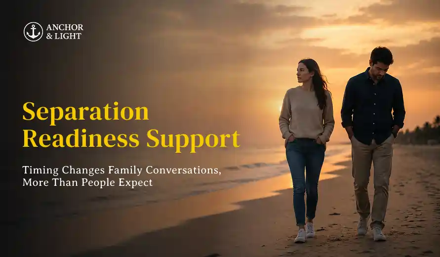 Couple walking on a beach at sunset, looking thoughtful, with text about separation readiness support and family conversations.