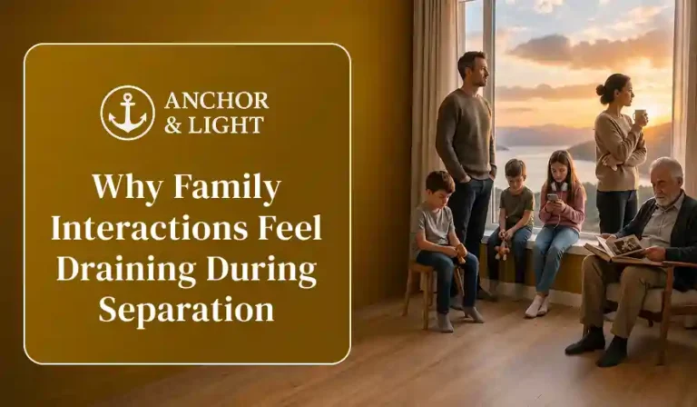 Text about family interactions feeling draining during separation next to a somber family of six in a room with large window at sunset.