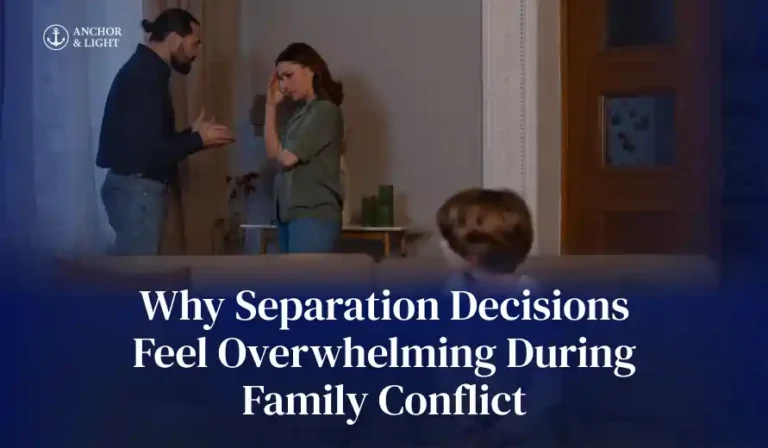 Couple arguing while a child sits on couch, highlighting the emotional strain of separation decisions during family conflict.